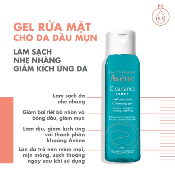 Gel rửa mặt cho da dầu mụn Eau Thermale Avène CLEANANCE Cleansing Gel làm sạch sâu bụi bẩn, giảm bã nhờn 100ML - Hình ảnh 3