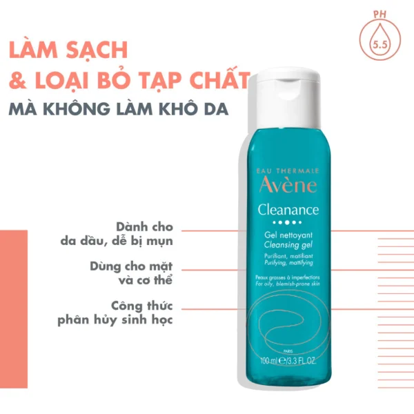 Gel rửa mặt cho da dầu mụn Eau Thermale Avène CLEANANCE Cleansing Gel làm sạch sâu bụi bẩn, giảm bã nhờn 100ML - Hình ảnh 4