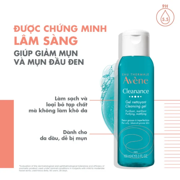 Gel rửa mặt cho da dầu mụn Eau Thermale Avène CLEANANCE Cleansing Gel làm sạch sâu bụi bẩn, giảm bã nhờn 100ML - Hình ảnh 5